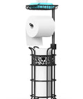 Free Standing Toilet Paper Holder With Shelf In Black Finish Floral Pattern Holds Three Jumbo Mega Rolls On Storage Arm And One On The Dispenser
