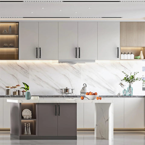 Modern kitchen with 10 Pack 5 Inch Matte Black Knurled Cabinet Pulls For Kitchen Cabinets Cupboards And Drawers 128mm Length Durable Hardware