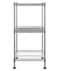 Adjustable Three Tier Corner Storage Rack with steel wire shelves, space saving stand for kitchen and bathroom organization