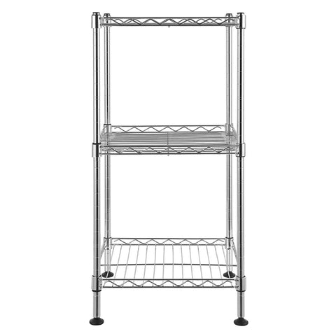 Adjustable Three Tier Corner Storage Rack with steel wire shelves, space saving stand for kitchen and bathroom organization