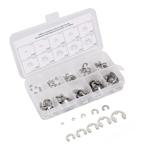 120 Piece E Clip Set In Stainless Steel External Retaining Rings Circlips From 1.5mm To 10mm With Smooth No Burr Edges in storage box