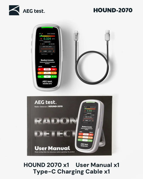 No Sweat Portable Radon Detector For House And Basement Air Testing Rechargeable 3 In 1 Indoor Meter with USB cable and manual.