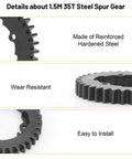 Close-up of 35T 1.5 Mod spur gear for Traxxas RC cars, showing reinforced hardened steel construction, wear resistance, and easy installation