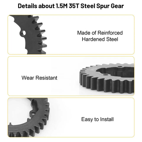 Close-up of 35T 1.5 Mod spur gear for Traxxas RC cars, showing reinforced hardened steel construction, wear resistance, and easy installation