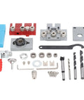 Heavy Duty Aluminum Alloy Dowel Jig Kit With Precision Drill Bits, assorted components including drill bits and clamps.