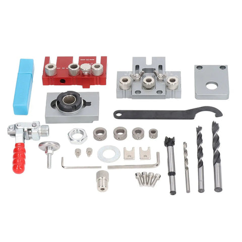 Heavy Duty Aluminum Alloy Dowel Jig Kit With Precision Drill Bits, assorted components including drill bits and clamps.