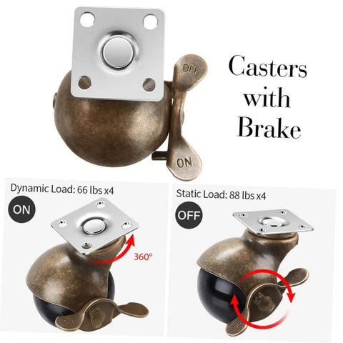 Heavy Duty Universal Cabinet Casters 4 Pack With 2 Inch Vintage Brass Finish with brake for smooth rolling and heavy loads.