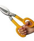 Tin Snips 10 Inch Straight Pattern Tinners Snips with Comfort Grip shown in hand for cutting sheet metal