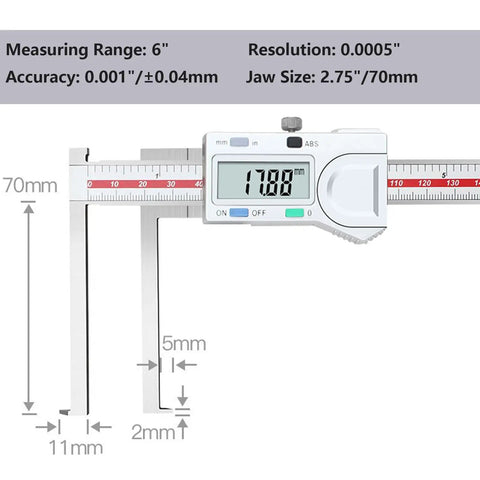 Electronic Digital Caliper With Long Jaw For Groove Measurement, 6 Inch Range, stainless steel display and measurements