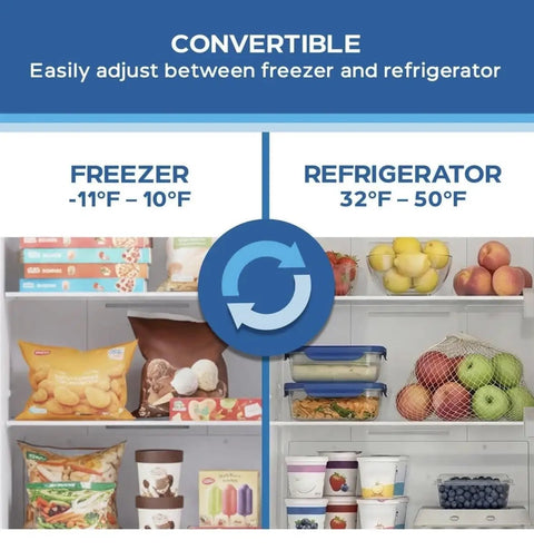Convertible 17 Cubic Foot Upright Freezer Garage Ready with freezer and refrigerator options displayed.