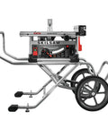 Tough Workhorse 10 Inch Worm Drive Table Saw With Rolling Stand, side view showing wheels for mobility and precise cutting features.