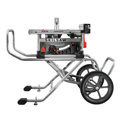 Tough Workhorse 10 Inch Worm Drive Table Saw With Rolling Stand, side view showing wheels for mobility and precise cutting features.