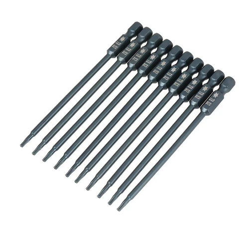 Heavy Duty Magnetic Hex Shank Screwdriver Bits Kit With 10 Pc T8 Star Security Heads Made From Tough S2 Steel For High Torque Drilling And Power Tool Jobs That Need Serious Durability And Grip To Get The Work Done Right Away, 100mm