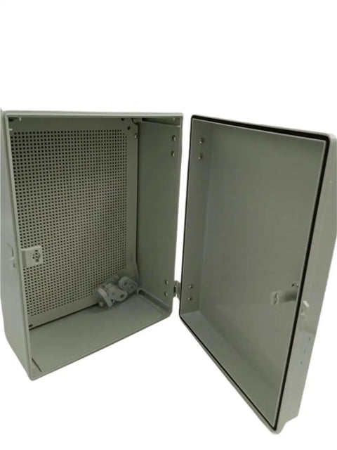 Waterproof ABS Electric Enclosure Box with Sturdy Latch, open view showing interior, 400X300X170mm, gray color, fire-resistant design