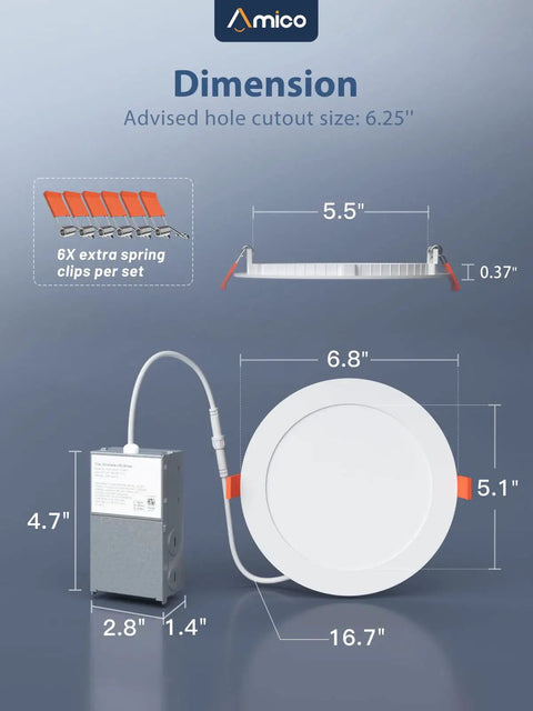 Dimensions of 16 Pack 6 Inch Ultra Thin LED Recessed Ceiling Lights With Junction Box Dimmable 5000K Daylight 1200 Lumens
