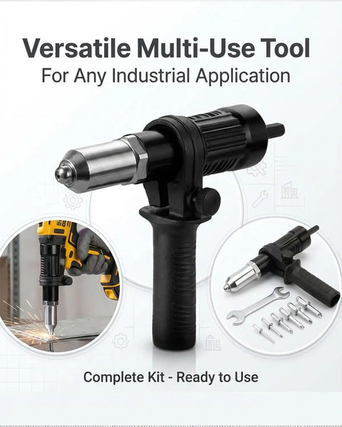 Pro-Grade Electric Rivet Gun Adapter Kit, 143 mm, solid metal, for heavy-duty riveting with standard drills.