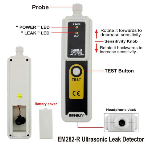 allsun EM282-R Ultrasonic Leak Detector handheld with dual LEDs, probe, battery cover, and headphone jack