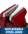 Utility Bench Vise Workhorse with 4-1/2 Inch Jaw Width showing replaceable hardened jaws with serrated grip in close-up.