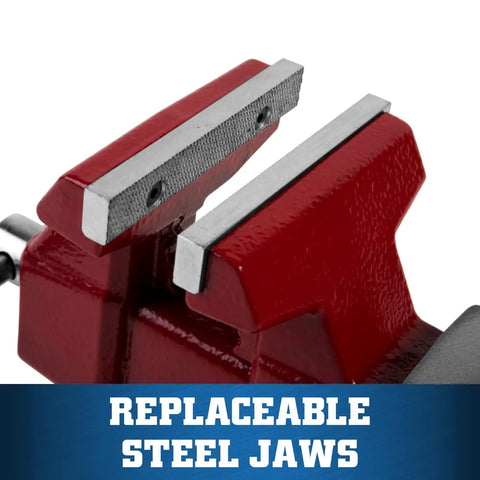 Utility Bench Vise Workhorse with 4-1/2 Inch Jaw Width showing replaceable hardened jaws with serrated grip in close-up.