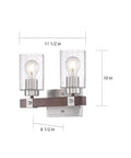 Arabel Vanity Light Fixture In Brushed Nickel With Nutmeg Wood Finish And Clear Seeded Glass Two Light Bath Vanity Bar, dimensions labeled
