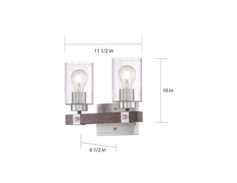 Arabel Vanity Light Fixture In Brushed Nickel With Nutmeg Wood Finish And Clear Seeded Glass Two Light Bath Vanity Bar, dimensions labeled
