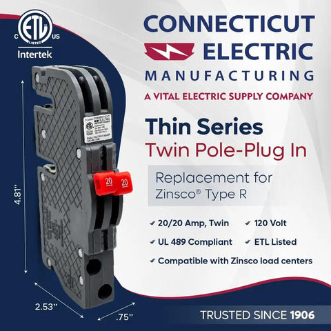 Twin 20 Amp Zinsco R3820 Replacement Breaker For Zinsco Panels, Plug In 2 Pole 120 to 240 VAC, Three Fourth Inch Body Gray