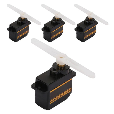 Four Heavy Duty Micro Servo Motors with Durable Metal Gears and Serious Torque Output for RC Cars, Boats, and Robots.