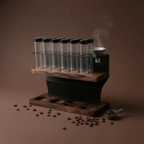 Premium Two Tier Coffee Bean Storage Rack With Wooden Base And Twelve Clear Glass Jars Featuring Air Release Vents For Crisp Freshness And Top Shelf Kitchen Counter Organization Straight Fire Setup, side view with coffee beans.