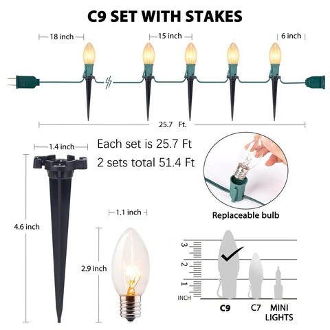 Outdoor Christmas Pathway Lights 2 Pack, 51.4 Ft Total, 40 Bulbs, Waterproof Walkway Lights with stakes and E17 base.