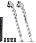 Two chrome pencil-style tire pressure gauges with dual heads (10–120 PSI), five valve caps, and packaging box.