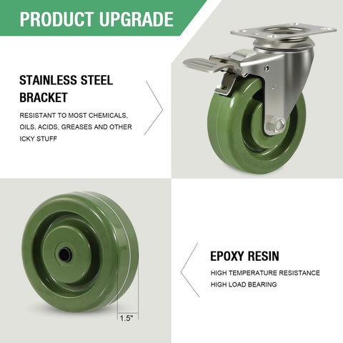 Stainless steel oven rack casters, set of four, 4x1.5-inch with green epoxy-resin wheels and locking brakes