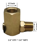 Brass Ninety Degree Swivel Joint For Air Hose Reels, Quarter Inch FPT To Quarter Inch MPT, Keeps Hose From Kinking, Reduces Stress, No Fuss Install, Handles Up To Five Thousand PSI, brass 90-degree fitting shown with 1/4 FPT and 1/4 MPT