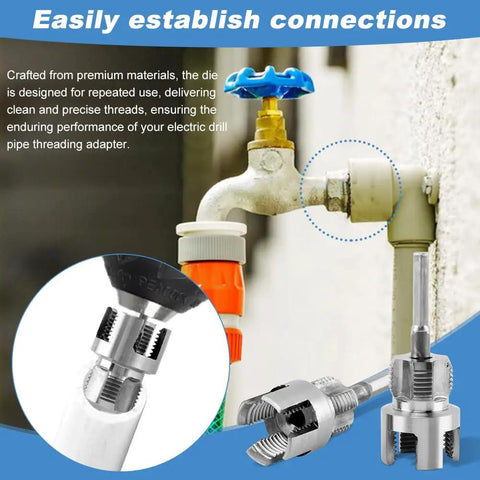 2 Pack Pipe Threading Tool For Internal And External Threads Dual End One Half Inch And Three Quarter Inch NPT Dies For PPR PVC MPP Pipes With Hex Shank For Power Drills And Inside Pipe Cutter DIY Friendly Silver shown with faucet and pipes