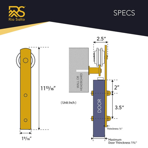 Technical diagram of Brushed Brass Gold Barn Door Rollers Kit For Interior Closet And Pantry Doors dimensions and installation specs