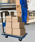Foldable Platform Cart 330 Lb Load Capacity With 360 Degree Swivel Silent TPR Wheels Heavy Duty Steel Flatbed Dolly Collapsible Hand Truck For Warehouse Office Garage Blue carrying stacked cardboard boxes