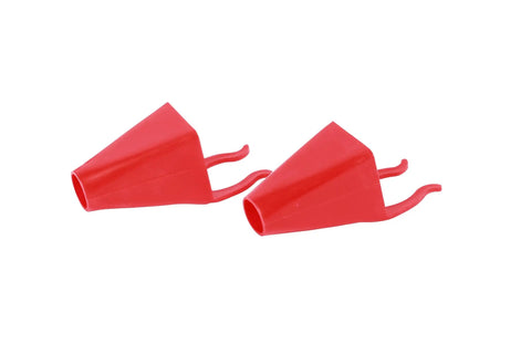 Two red clip spouts from 10 Piece Funnel Set For Garage And Shop With All The Gear You Need For Oil Fuel And Other Automotive Fluids Perfect For Quick Transfers And Maintenance Tasks.