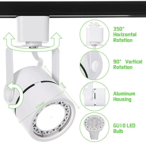 7W Dimmable LED Track Lighting Heads for H Type Track Rail, 12 Pack, 110V, adjustable spotlight showing rotation angles