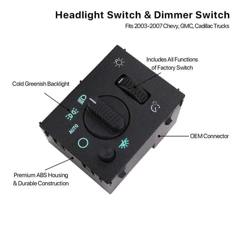 Direct Swap Dashboard Headlight Control Switch Plug And Play For Your Rig Heavy Duty Instrument Panel Dimmer Button Assembly Fits 2003 To 2006 Chevy Silverado Suburban Tahoe Gmc Sierra with green backlight.