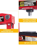 30 Ton H Frame Hydraulic Shop Press With Floor Press Plates For Garage And Shop Use showing pressure gauge, cylinder, and V-blocks