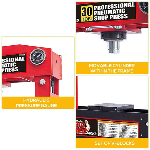 30 Ton H Frame Hydraulic Shop Press With Floor Press Plates For Garage And Shop Use showing pressure gauge, cylinder, and V-blocks