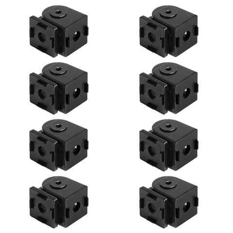 Eight Pack Black Pivot Joint Hinges For 2020 Aluminum Extrusion Profiles With Zinc Alloy, Black Powder Coat Finish, Pre Drilled Quarter Inch Bolt Holes, Fits 2020 Series T Slot Aluminum Framing, Heavy Duty, Easy Install shown in grid layout
