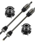 Beefed Up Rear CV Axle And Wheel Hub Bearing Assembly Kit Compatible With Subaru Forester 2009 2013 Impreza 2011 2013 Legacy Outback 2010 2014 Four Piece Replacement Set With Two Rear Axles And Two Hub Bearings showing all components.