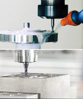 Front view of AlTiN-coated solid carbide CNC end mill, 1/16-in diameter, 4-flute, cutting metal.