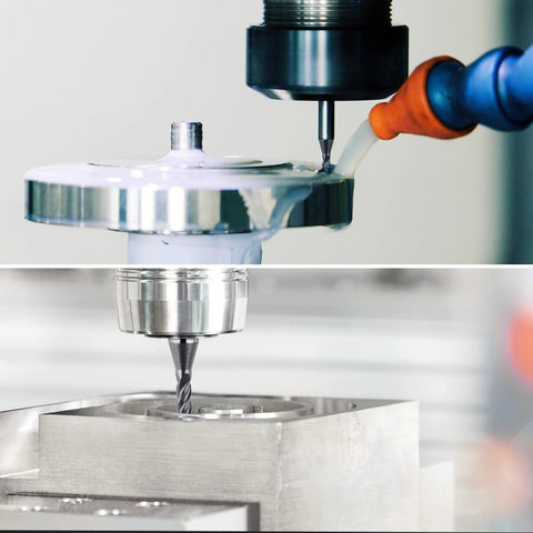 Front view of AlTiN-coated solid carbide CNC end mill, 1/16-in diameter, 4-flute, cutting metal.