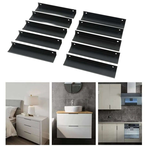 10 Piece Aluminum Alloy Cabinet Pulls Set G Type Clasp Handles for kitchen cabinets, showing modern sleek design and application.