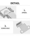Detailed view of a spring and screw hole from 304 Stainless Steel Spring Loaded Right Angle Hasps Toggle Latch Kit for Tool Box Hood Locking Beefy Heavy Duty Snap Clasp Buckle Set With 2 Pairs for Industrial and Storage Use.