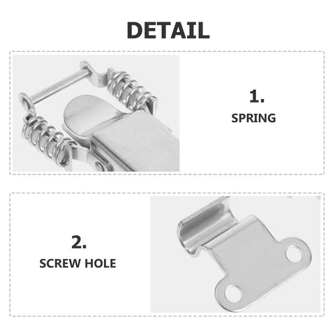 Detailed view of a spring and screw hole from 304 Stainless Steel Spring Loaded Right Angle Hasps Toggle Latch Kit for Tool Box Hood Locking Beefy Heavy Duty Snap Clasp Buckle Set With 2 Pairs for Industrial and Storage Use.
