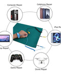 Pro Grade Anti Static Desk Mat For Soldering And Electronics Repair, shown with devices like PC, phone, tablet, and controller.