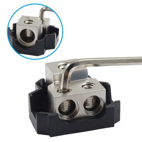 Two Way Power Distribution Block 1 Pack For Electrical Wiring Built From Electroplated Zinc Alloy Heavy Duty Corrosion Resistant And Durable Auto Marine RV Audio Power Splitter, close-up