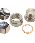 12Mm Steel Transmission Sump Drain Plug Kit With Washer For Oil Pan Weld In M12x1.25 Thread Fits Cars Trucks Motorcycles And More Beefy Heavy Duty Sump Plug With A Tight Seal, showing plug, bung, and washer.